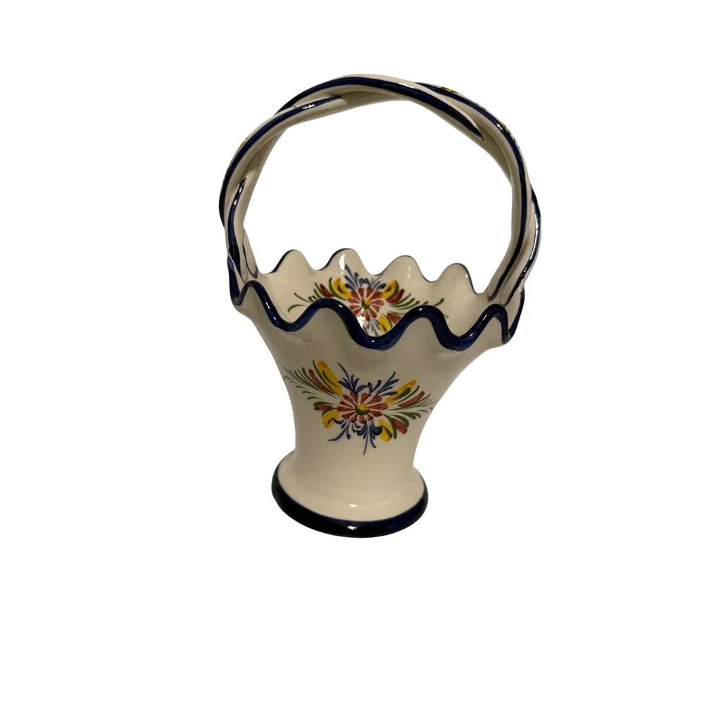 RCCL Portugal Hand Painted Ceramic Floral Basket Vase Twisted Handle Scalloped‎